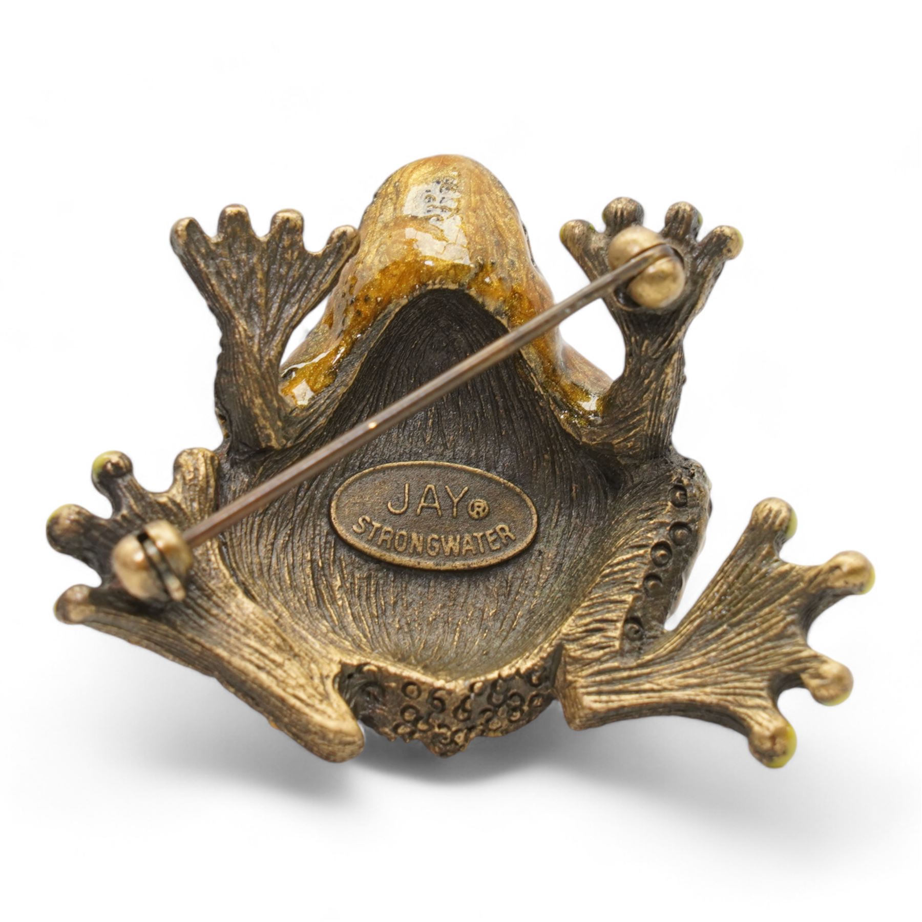 Jay Strongwater - 'Two Peas in a Pod' enamel trinket box, L11.5cm, frog brooch and small trinket box, decorated with a fly and trailing leaves, all set with Swarovski crystals (3)