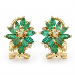 Pair of 14ct gold emerald and diamond cluster earrings, each stud set with ten marquise cu...