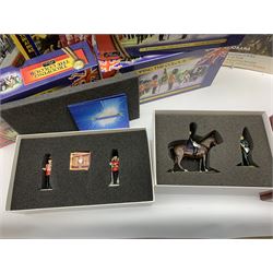 Britains - four Trooping the Colour sets 40109, 40110, 40112 & 40113; The Duke of Wellington with 95th Rifleman No.41160; and 8819 Lancer figure from the 16th Queens Lancers; all mint and boxed; together with a quantity of unboxed figures etc; and collection of books and magazines on model soldiers