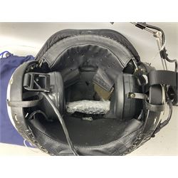 RAF Alpha MK 4 helicopter pilot's flying helmet, finished in white for civilian/rescue service use; reconditioned and avionics tested as working; black cloth cover to visor; fitted with boom microphone; medium size; in blue cloth carrying bag