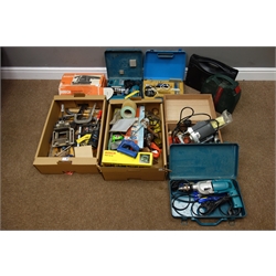  Makita hammer drill, BOSCH sander, Makita drill, ELU router in box, BOSCH jigsaw, various woodworking tools etc...  
