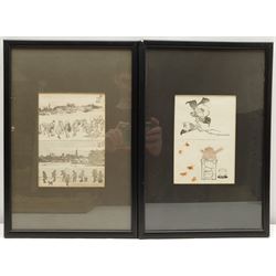 After Claude Lorrain (British 1600-1682): Classical Landscapes, 20th century prints; Japanese School (20th century): Pair woodblock prints; Chinese School (20th century): Seated Lady, painting on silk mounted onto paper, max 29cm x 40cm (5)