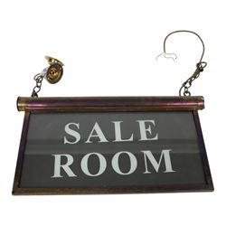Early 20th century brass ceiling hanging illuminated sign 'sale room', H27cm, L48cm