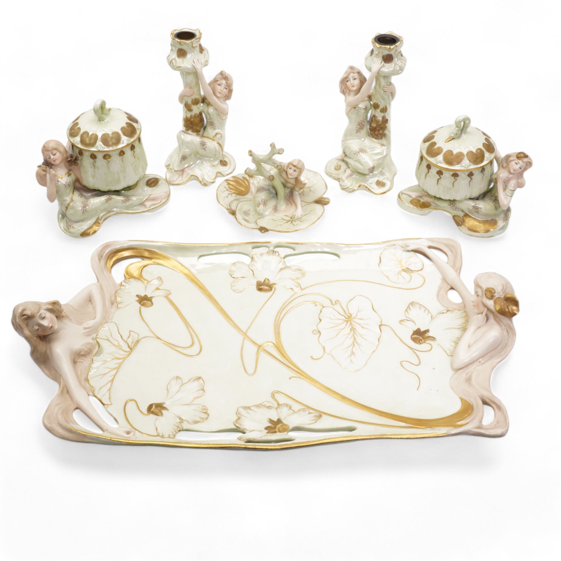 Ernst Wahliss for Turn Wien Austrian Art Nouveau dressing table set, comprising tray, pair of trinket boxes, ring tree and a pair of candle sticks, decorated with maidens and stylised flowers, tray unmarked, tray 42.5cm x 24cm