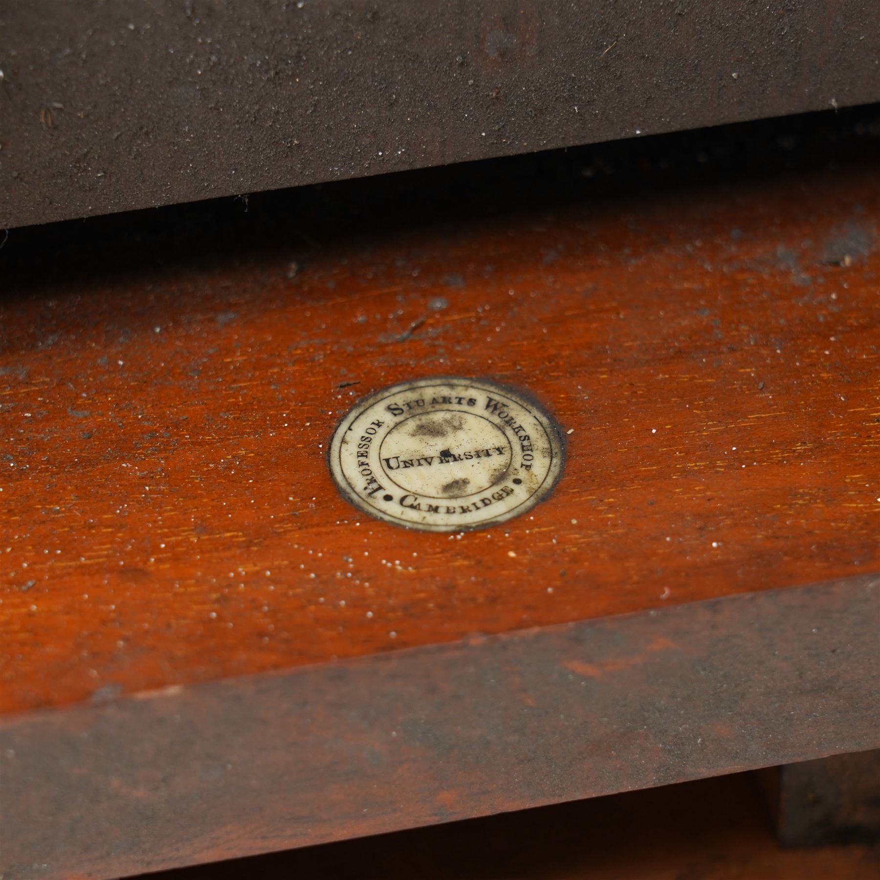 Late 19th century engineering or mechanics teaching apparatus, from Professor Stuarts Workshop Cambridge University, written on central inlaid bone plaque, within case, H48.5cm x W36cm 
Notes: Stuart was the first true professor of Engineering at Cambridge between 1875-1890. He persuaded the University to give him a wooden hut to serve as a workshop, on the condition that he furnish and equip it at his own expense. Charles Darwin and Gladstone were among the early visitors to admire the new facility in 1878. This equipment would have been used in the aforementioned workshop.
Provenance: Property of a Nobleman.  