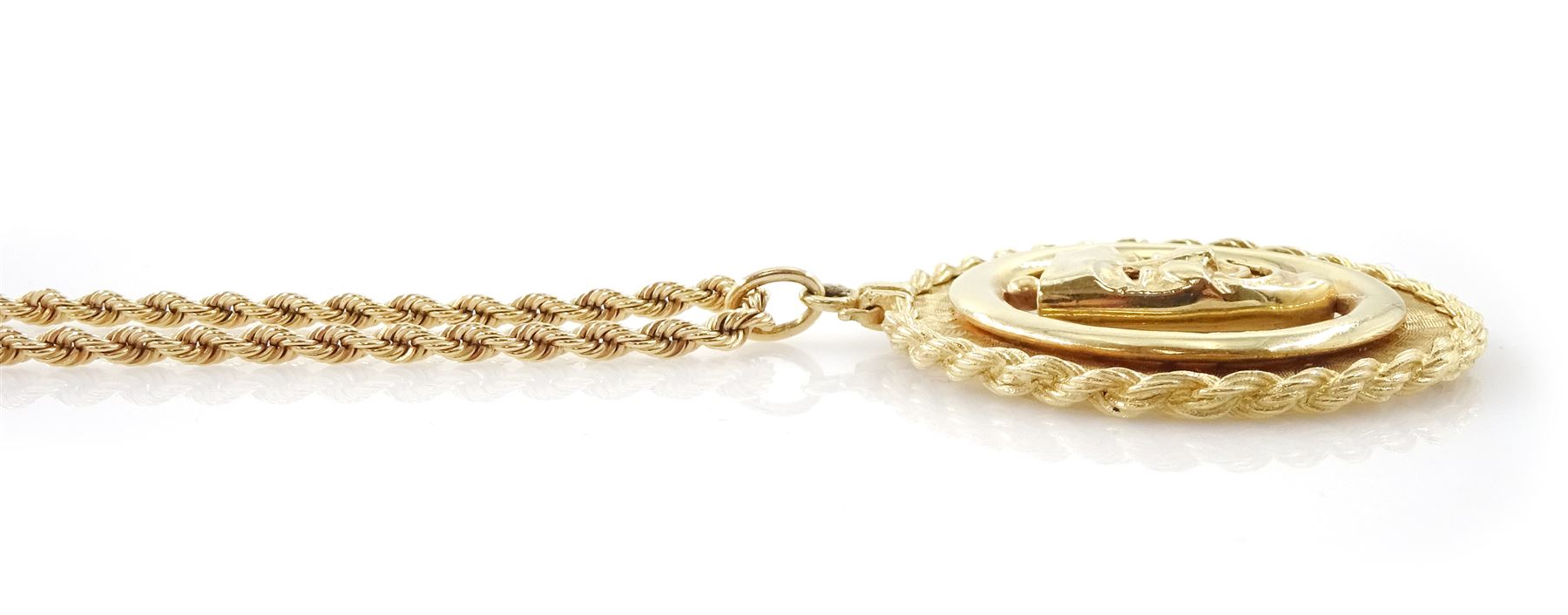 Gold swivel comedy tragedy mask pendant, stamped 14K, with rope twist border, on gold rope twist chain necklace
