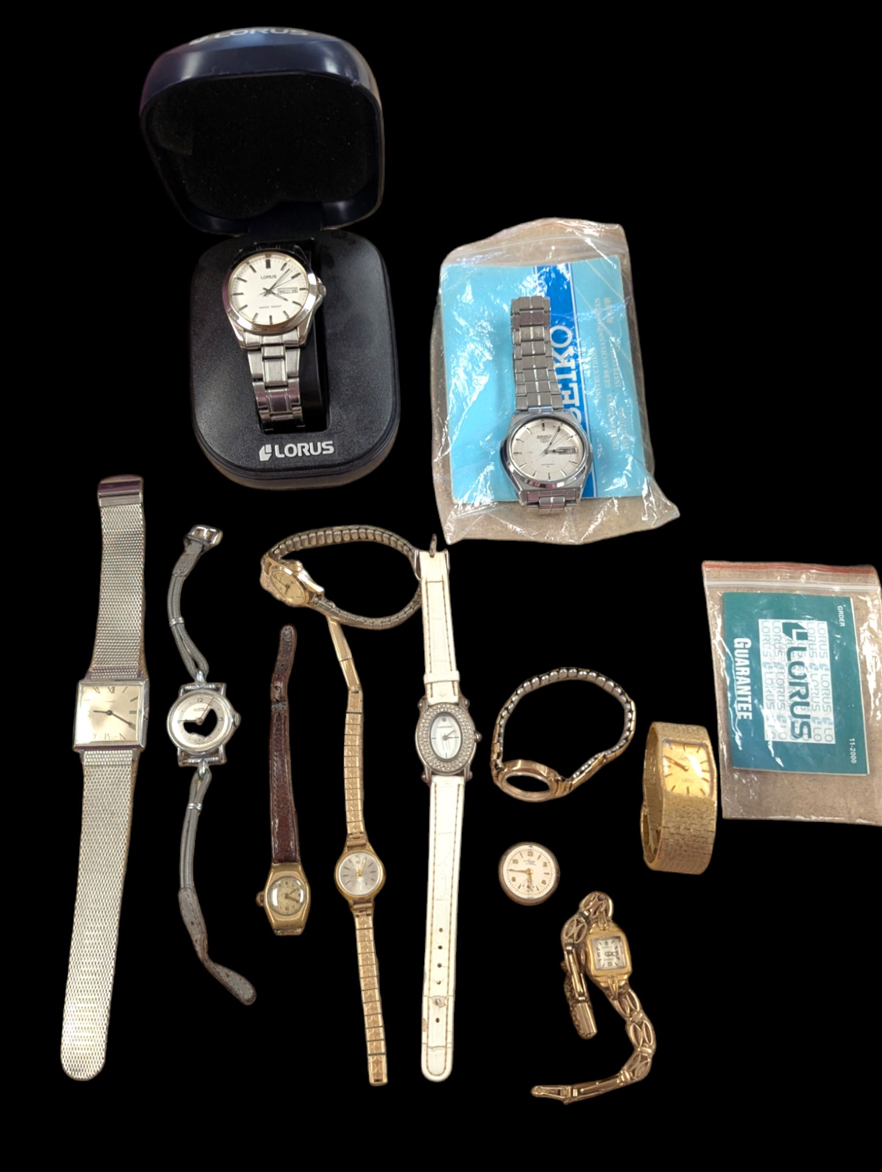 Collection of wristwatches, including ladies 9ct gold cased Avia 15 jewels wristwatch on plated strap, gentleman's Seiko 5 wristwatch etc