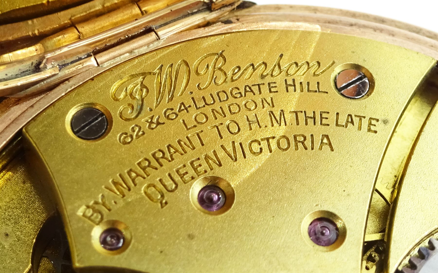 9ct gold open face keyless lever pocket watch by J W Benson, London, white enamel dial with Roman numerals and subsidiary seconds dial, Birmingham 1925