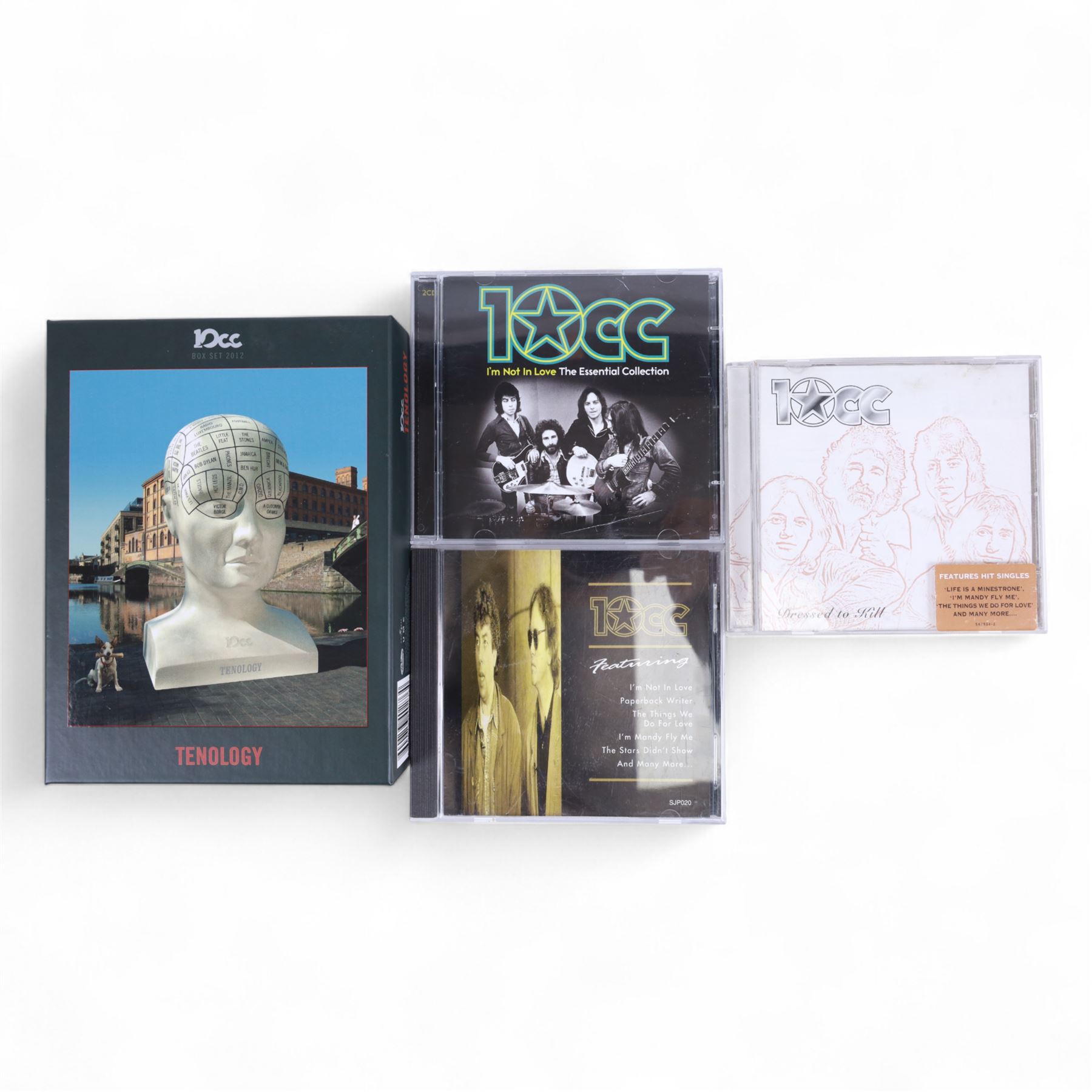 10CC memorabilia, including 2012 Tenology CD, DVD, postcard and book boxed set, nine 7 inch singles, three CDs and a signed Graham Gould photograph
