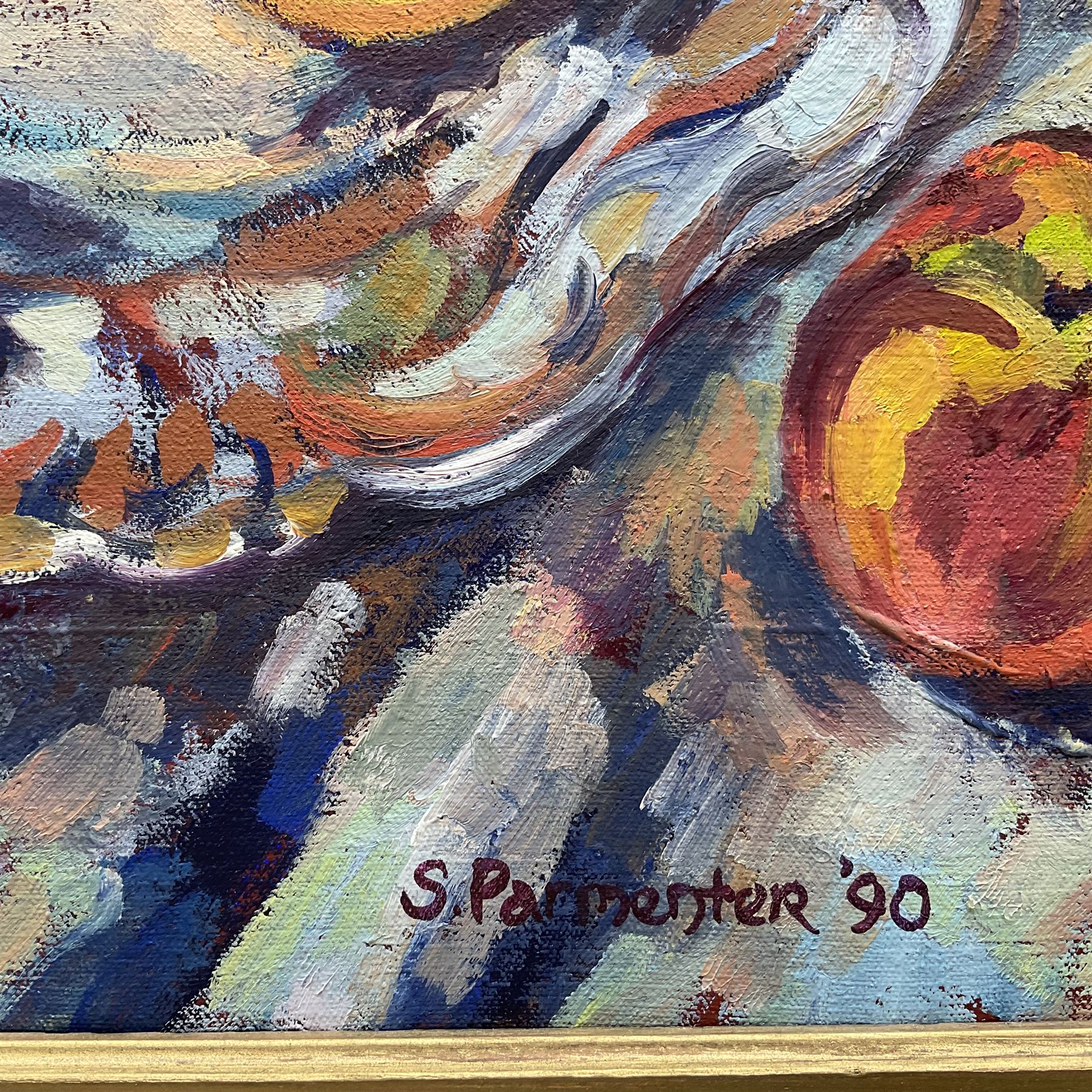 Susan Parmenter (British 1954-): Peaches on a Delft Plate, oil on canvas signed and dated ‘90, 35cm x 34cm 