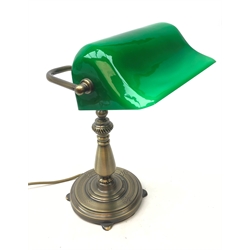 Banker style desk lamp with green glass shade and brushed bronze finish base, H39cm  