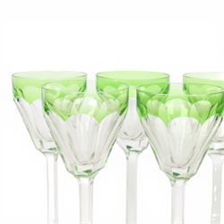 Set of ten wine glasses, of fluted form with chartreuse rim, upon a faceted stem, H20cm  