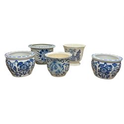 Five blue and white jardinieres including one example in Willow pattern, largest H17cm  