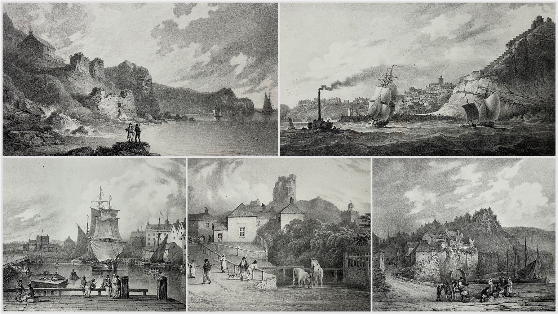 Francis Nicholson (British 1753-1844): 'Series of Six Views of Scarborough and its Vicinity', set of five mounted lithographs pub. 1824, in Solander box 16cm x 26cm (5)