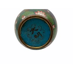 Japanese Cloisonne vase, Meiji/Taisho period, decorated with five haloed figures, possibly the Lucky Gods or Monks, in a landscape detailed with pine trees, lotus flowers and auspicious clouds, beneath a neck with band of fronds, with apocryphal Ming mark beneath, H31cm