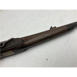 Late 18th century 7.2mm (approx. .28 calibre) Girandoni system single shot reservoir air rifle, the 62cm steel barrel with swivelling two-leaf rear sight, brass breech decorated with a sunburst and lever opening top loading, engraved steel lock-plates marked 'S. Gaskell' to the right side underneath the cocking lever, brass trigger guard,  leather covered steel butt reservoir of tapering conical form with brass ferrule and walnut fore-stock with horn mounts L107cm overall