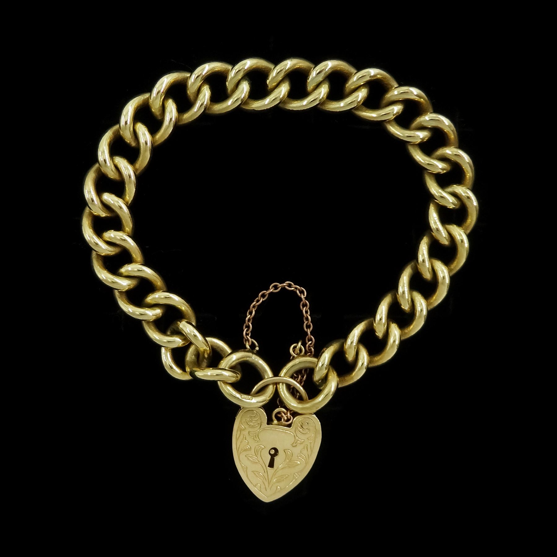 9ct gold curb link bracelet, with heart locket clasp, hallmarked