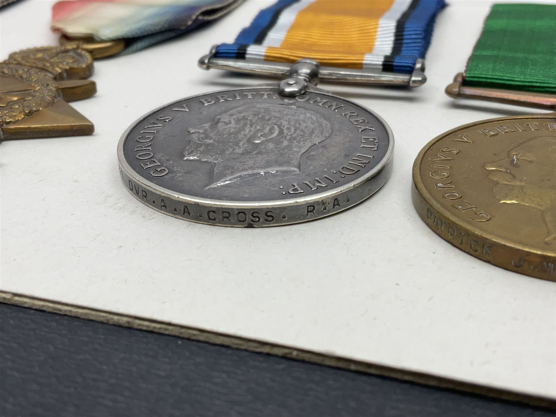 Representative display of five WWI Campaign Stars and Medals to different recipients comprising 1914 'Mons' Star to 13800 Gnr. R. Pexman R.F.A.; 1914-15 Star to TS822 F. Bage T.R. R.N.R.; British War Medal to 90461 Dvr. A.A. Cross R.A.; Mercantile Marine Medal to Patrick J. Magrath; and Victory Medal to 2657 Cpl. W.R. Kenny Norf. Yeo.; all with ribbons (5)