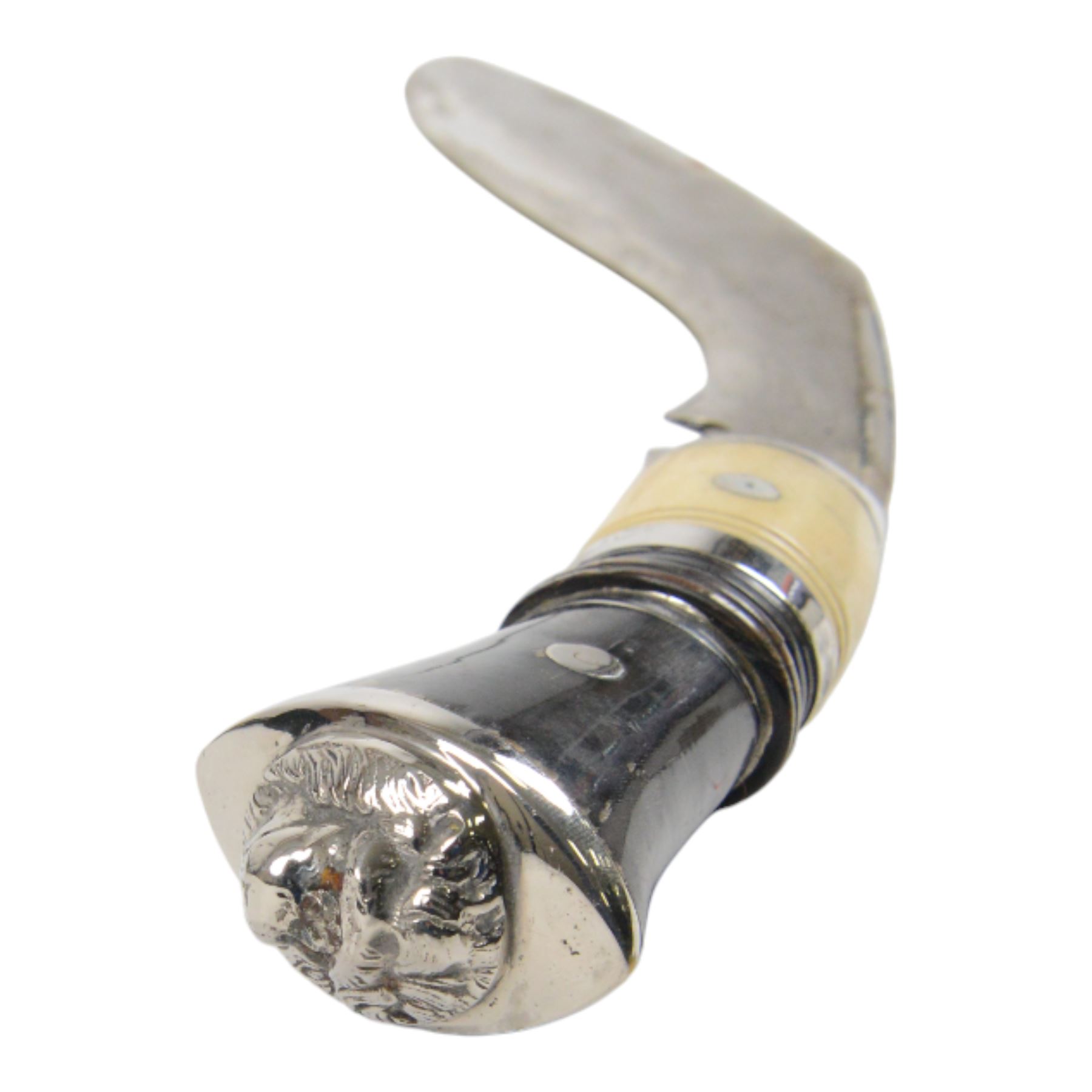 Pair of kukri knives, with with ebonised and bone handles, with two smaller knives, with a leather scabbard with floral silvered decoration, L44cm