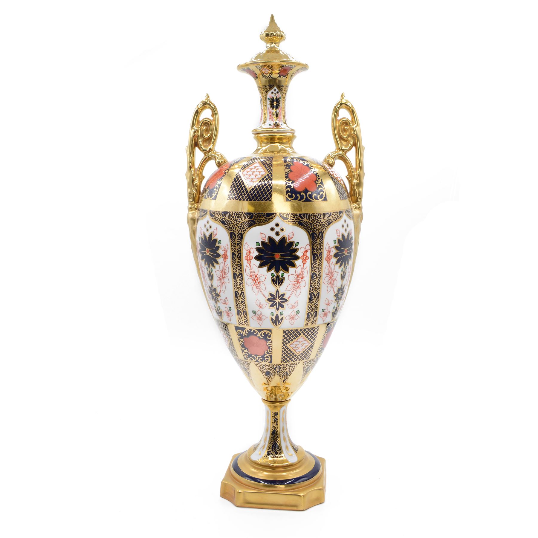 Royal Crown Derby Imari 1128 pattern twin handled urn, with printed mark beneath, second quality, H44cm