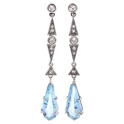 Pair of Art Deco gold and platinum aquamarine and diamond pendant earrings, the kite shaped aquamarine suspended from articulated row of old cut diamonds, stamped 18c PT, with white gold screw back fittings, stamped 9ct
