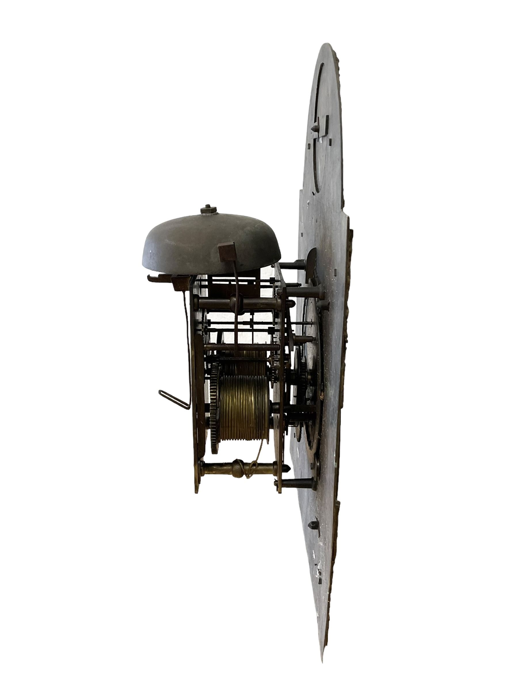 Late 18th century - 8-day longcase movement with a  12” x 16” brass dial signed Robert Clidsdale of Edinburgh, with original hands chapter ring and spandrels, with a rack strike and anchor escapement. No weights, key or pendulum.