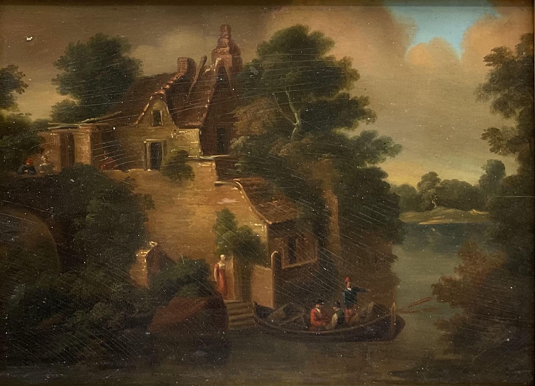 Continental School (18th century): Houses by the Riverside with Ferryman, oil on mahogany panel unsigned 24cm x 33cm