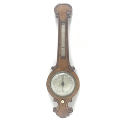 Victorian figured walnut mercury barometer, with mercury thermometer and circular engraved silvered dial, with rounded edge mouldings, H93cm