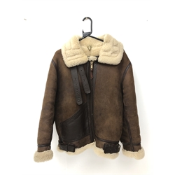  US Air Force style brown leather sheepskin lined flying type jacket, twin buckle neck collar and single pocket, YKK metal zip,   