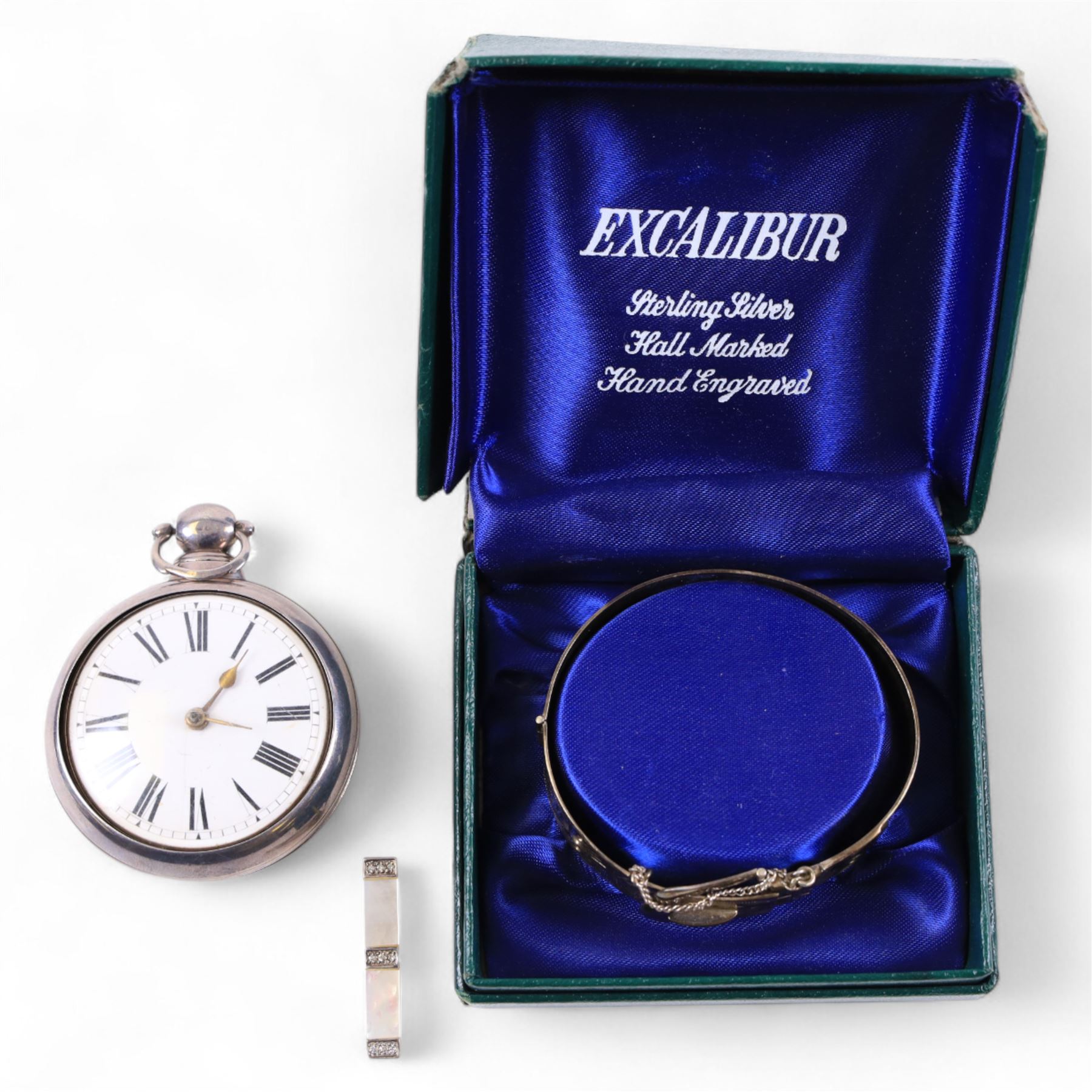 Silver cased open faced pocket watch, silver buckle bangle and a silver mother of pearl and marcasite pendant