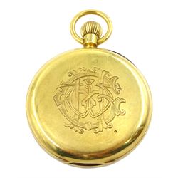 Edwardian 18ct gold open face keyless lever pocket watch by John Mason, Rotherham & Barnsley, No. 208923, white enamel dial with Arabic numerals and subsidiary seconds dial, the monogrammed back case by Rotherham & Sons, Birmingham 1903