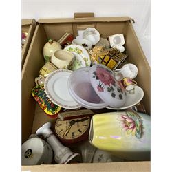 Royal Worcester tea cup and saucer, Royal Doulton Christmas Day 2001 figure and a collection of other ceramics, glassware and collectables, in five boxes 