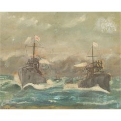 K Dick (British 19th/20th century): 'The Battle of Tsushima' 27th May 1905, scene from the Russo-Japanese War, watercolour signed, biographical information verso 18cm x 22cm