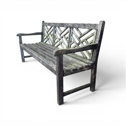 Plantation teak garden bench, triple lattice with slatted seat
