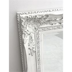 *Rectangular ornate framed mirror, distressed white paint finish, bevelled plate, 75cm x 95cm