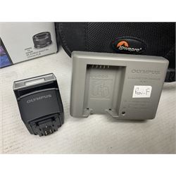 Olympus PEN-F camera body, with 'Olympus M- Zuiko Digital 25mm 1: 1.8' lens,  'Olympus M- Zuiko Digital 75-300mm 1: 4.8 - 6.7' lens and  'Olympus M- Zuiko Digital 17mm 1: 1.8' lens, with original box, together with Lowepro camera bag