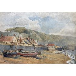 A* A* P* (Late 19th century): Cobles on the Beach Sandsend Whitby, watercolour signed and dated with initials 'A.A.P. 1880', 22cm x 31cm