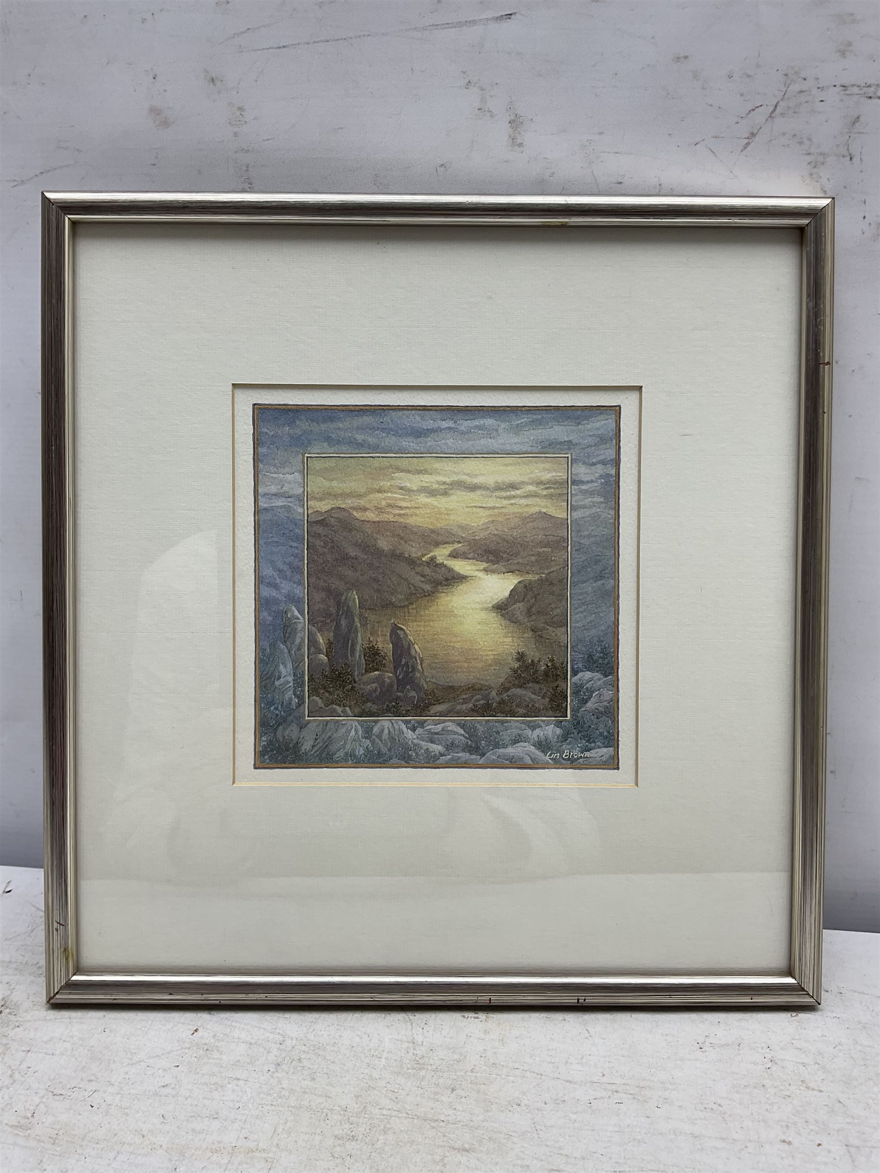 Lindsay Brown (British 20th century): 'End of the Day', watercolour signed, titled on exhibition label verso 15cm x 15cm 
Provenance: exh. Royal Institute of Painters in Water Colours, Mall Galleries, London 1970, label verso