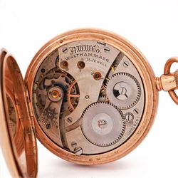 Early 20th century 9ct rose gold full hunter keyless lever pocket watch by American Watch Company, Waltham, No. 14757346, white enamel dial with Roman numeral hour markers and subsidiary seconds dial, case by William Ehrhardt, Birmingham 1916 
