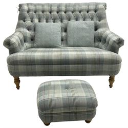 Wood Bros Furniture - 'Pickering Compact Two Seater Sofa', high rolled back, upholstered in buttoned 'Abraham Moon Huntingtower Celestial Fabric' in blue tartan, raised on turned oak feet, with matching footstool