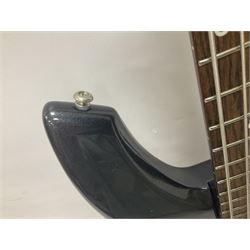 Music Man Bongo 4 string bass guitar, in sapphire black finish, serial no F42547, in black Music Man hard case, guitar L113cm