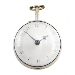 George III silver pair cased verge fusee pocket watch by Richard Tompion, Liverpool, No. 3801, round baluster pillars, pierced and engraved balance cock decorated with a heart, white enamel dial with Arabic numerals and outer quarter markers, beetle and poker hands, bull's eye glass, case by Henry Harding, Birmingham 1792