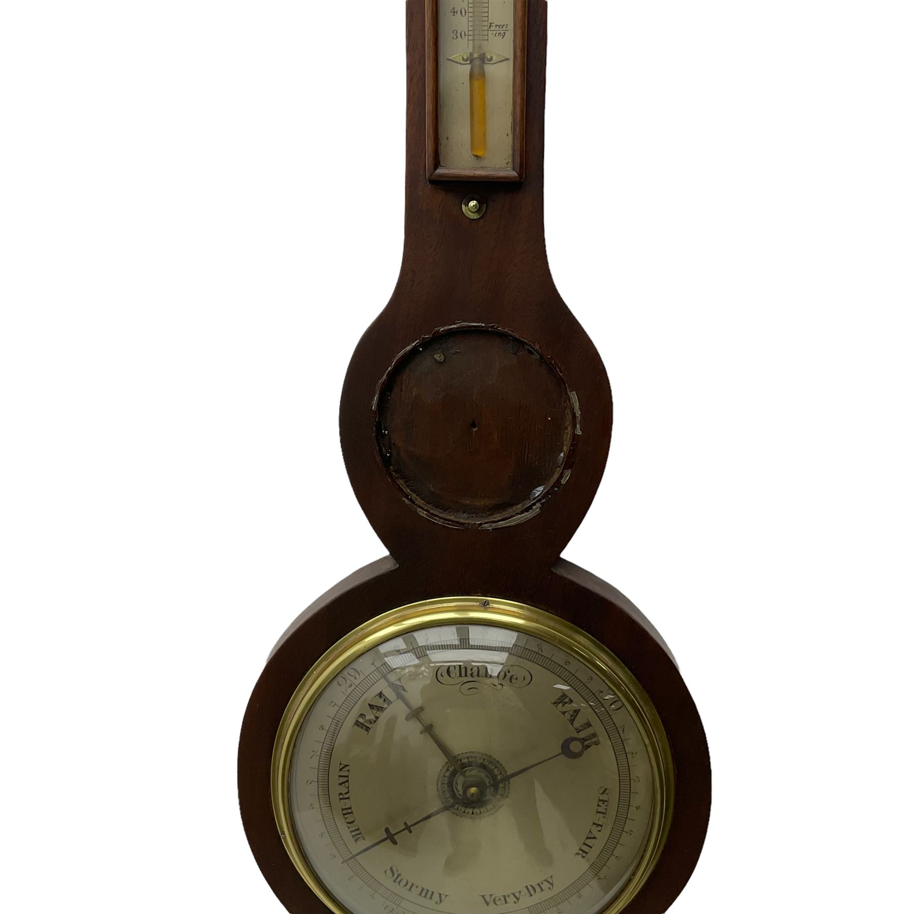 A Victorian mahogany wheel barometer with a mercury cistern, c1880, with a flat top and rounded base, 8” silvered dial with weather predictions, steel indicating hand and brass recording hand, short spirit thermometer, butlers mirror (missing), hygrometer and spirit level.

