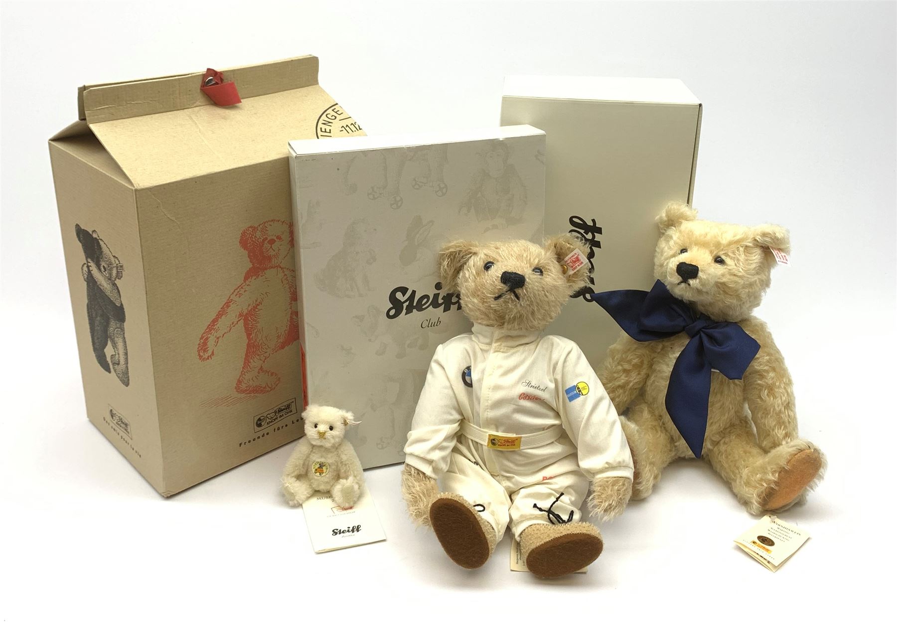Steiff - limited edition 'Racing Driver' teddy bear wearing overalls with BMW and other logos and tag No.1813/2002, H13