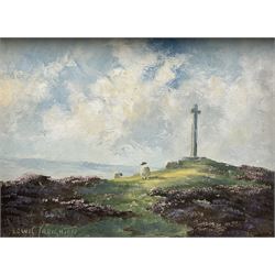 Lewis Creighton (British 1918-1996): Moorland Landscape with Sheep and Memorial, oil on board signed 29cm x 39cm