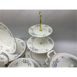 Extensive Richmond Blue Rock pattern part tea and dinner service, to include seven dinner plates, nine smaller plates, three lidded twin handled tureens, two teapots and two coffee pots, eleven bowls, cake stand, six twin handled soup bowls and saucers, six teacups, four coffee cups, milk jugs, sucrier, cake plate, salt and pepper shakers, other plates, dishes, bowls, side plates and many spares etc