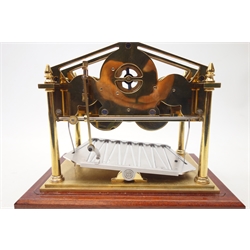  Devon Clocks - Congreve type brass 'Rolling Ball' clock, with Arabic hour, minute and second dials, four turned pillar supports, on mahogany plinth, under glass, designed by Sir William Congreve in 1808, with assembly kit and instructions, W23cm, H23cm, D15cm  