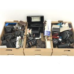 Large quantity of camera equipment in three boxes - Panasonic ZOOM C-900ZM 35mm camera, PENTAX sportmatic camera, RICOH 500 ME camera, Canon EOS 500N camera and lens boxed, Voigtlander VITO CLR camera, MAMIYA 16 camera, KODAK SIX-20 Junior, Minolta RIVA zoom 105i camera, PETRI 7 S camera, KODAK Duo 620 camera, Polaroid 600 Land Camera Spirit, auto teleplus 2x converter, Prinzflex auto 1:2.8, CANON zoom lens 80-200mm, various other cameras, lenses and cases