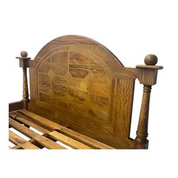 Contemporary mango wood bed frame, comprising an arched panelled headboard and footboard with inlaid geometric patterns, turned posts with spherical finials, and complete with side rails and slatted base