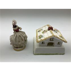 Group of figures, comprising six Royal Doulton examples, Daydreams HN1731, Silks and Ribbons HN2017, Tom Sawyer HN2926, Marie HN1370, Bo-Peep HN1811, and Tinkle Bell HN1677, together with a Dresden type 'lace' example, and a Coalport 'Swiss Cottage', (8)